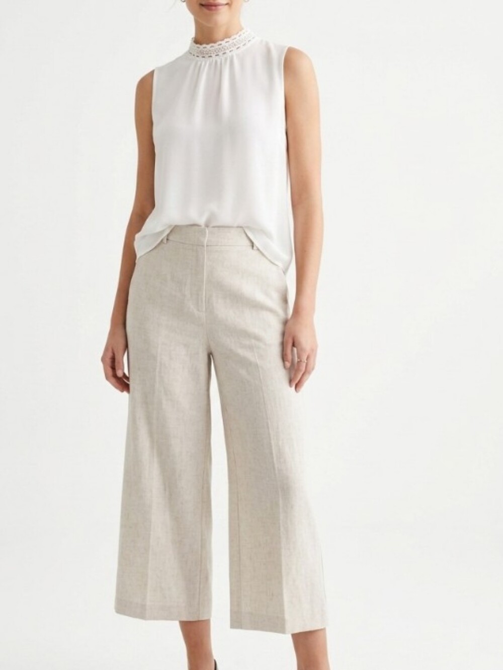 Vince Camuto Sleeveless Sheer White Lace-Trim Mock Neck Top